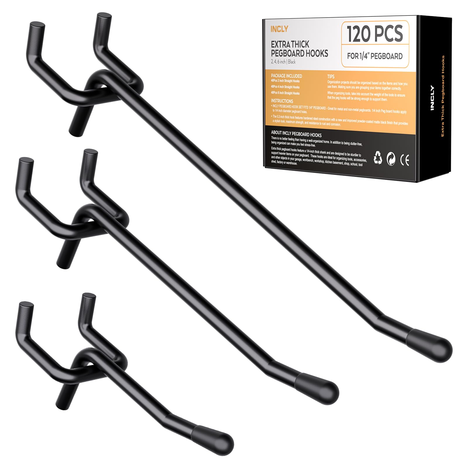 INCLY 120 Pack 2/4/6 Inch Black Pegboard Hooks, 1/4" Heavy Duty