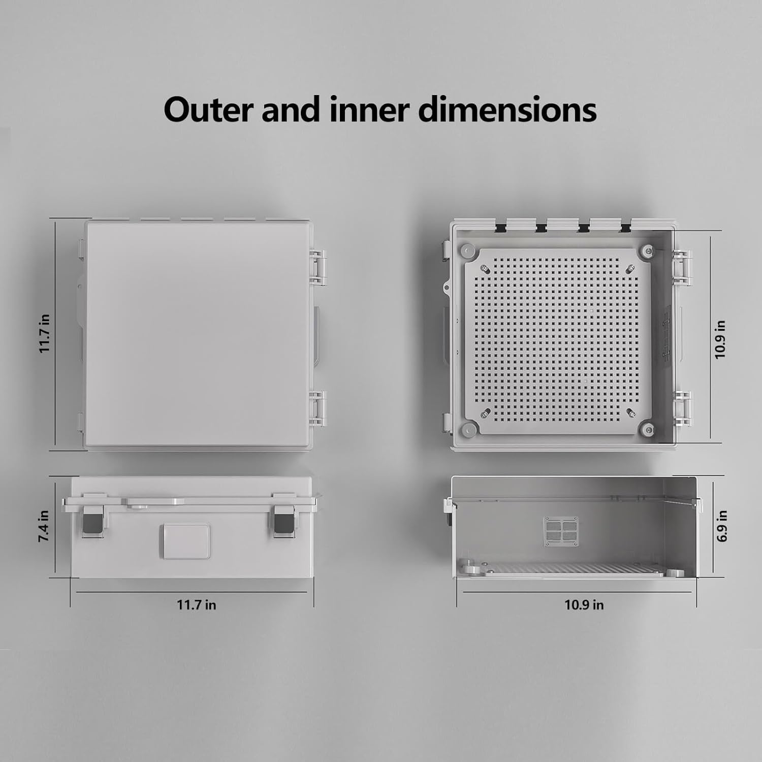 ABS Electrical Junction Box, Ventilated Design, Cable Grommets, IP65 Waterproof Enclosure, Indoor/Outdoor Use with Mounting Panel. (Grey Cover, 11.9"x11.9"x7")