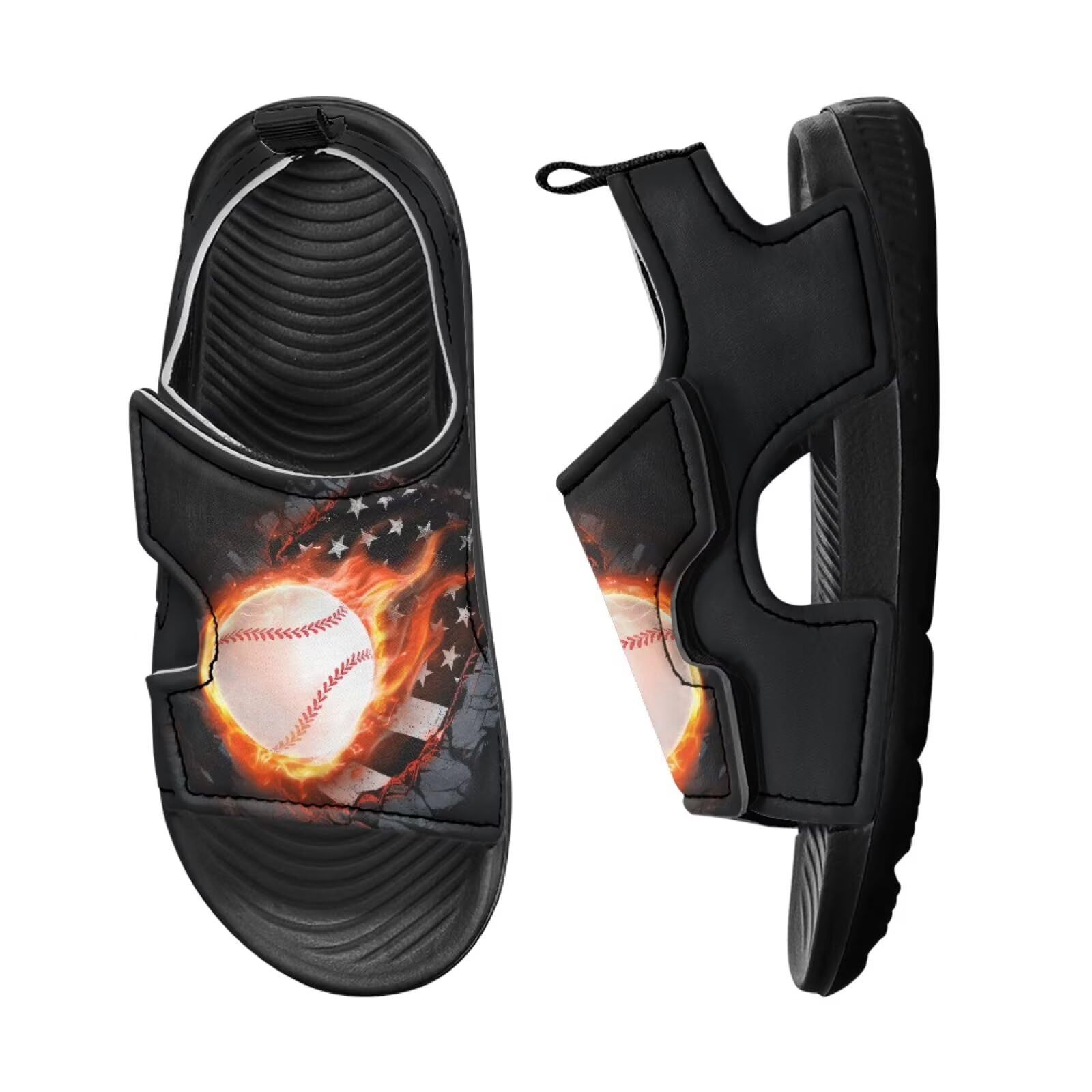 Chririnla USA Flag Summer Sandals Flame Baseball Big Kids Water Shoes Adjustable Strap Open Toe Outdoor Slides Beach Sport Slip On Waterproof Shoes