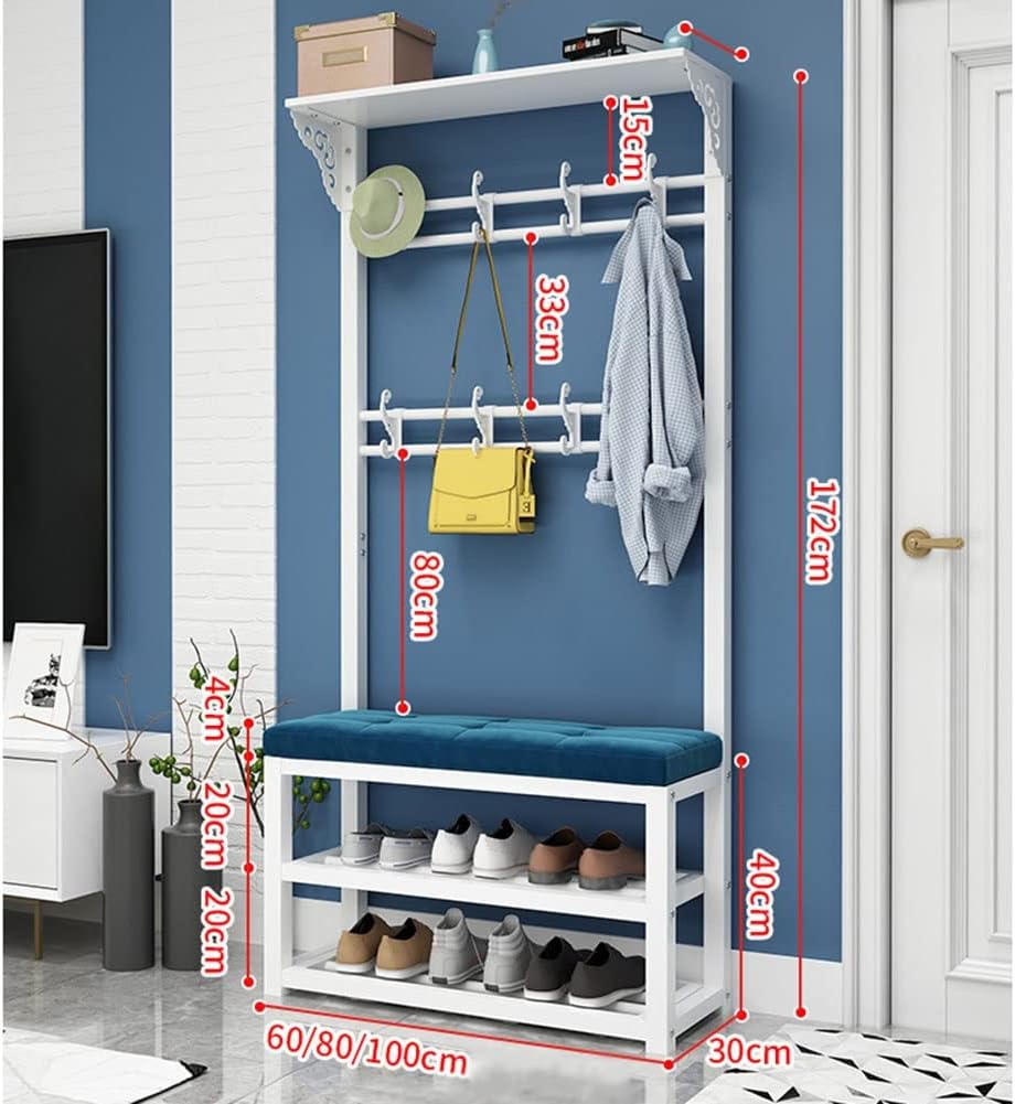 Entryway Hallway Storage Shoe Cabinet，Coat Stand，Coat Rack Stand Hall Tree with Shoe Bench Free Standing 8 Hooks Entryway Storage Shelf Metal Frame Hanger for Hallway Bedroom (Color : White,