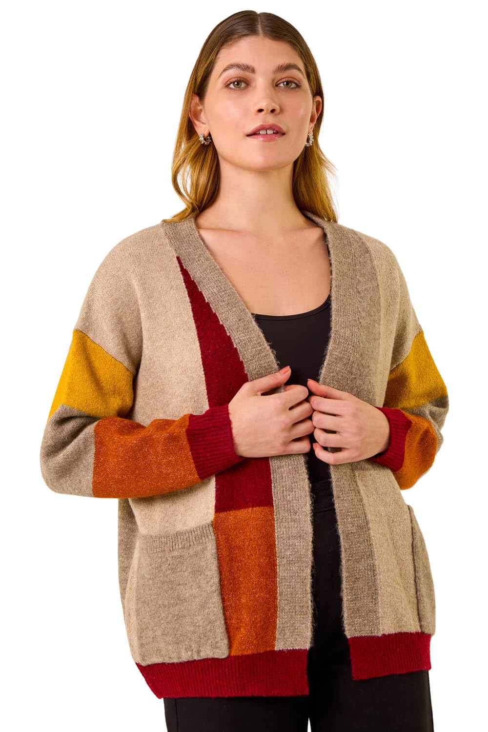 Roman Women's Beige Colour Block Knit Cardigan In | Size: 18