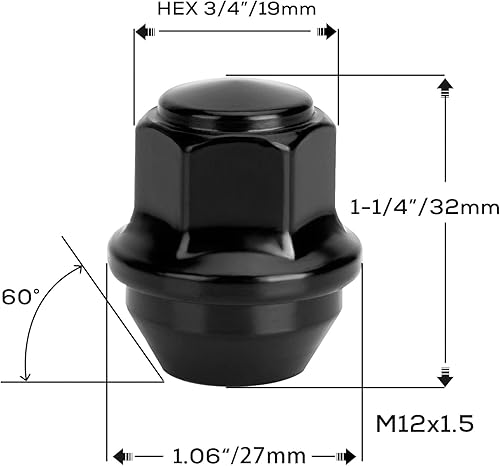 Vista 96 de Dynofit - Tuercas para rueda M14-1.5 de una sola pieza, tuercas OEM de 14x1.5, tuercas de 1.75 pulgadas (45mm) de altura, hexagonales de 7/8 Negro