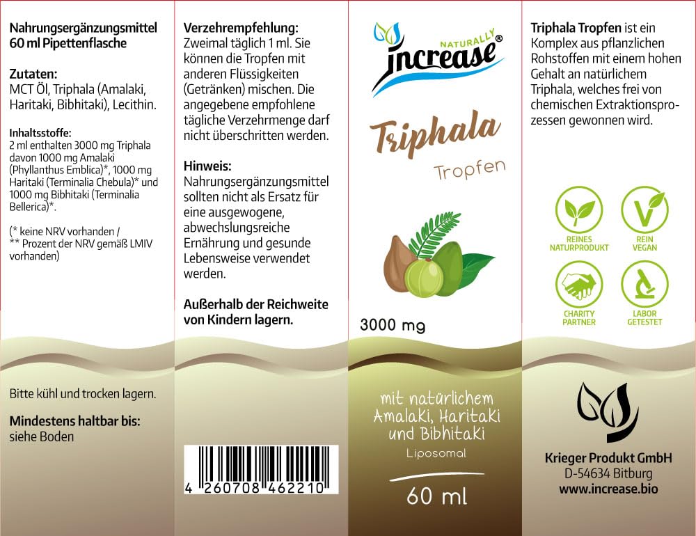 Liposomale Triphala Tropfen hochdosiert - (90.000mg pro Packung) 3000mg pro Tag mit 1000mg Amalaki(Phyllanthus Emblica), 1000mg Haritaki(Terminalia Chebula) und 1000mg Bibhitaki(Terminalia Bellerica)
