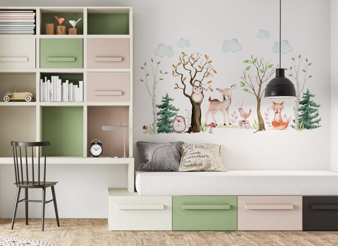 adesivo da parete per bambini, motivo: animali della foresta, foglie, cervo, riccio, uccelli, foresta, cameretta dei bambini, adesivo OS3621 (200 x 110 cm)