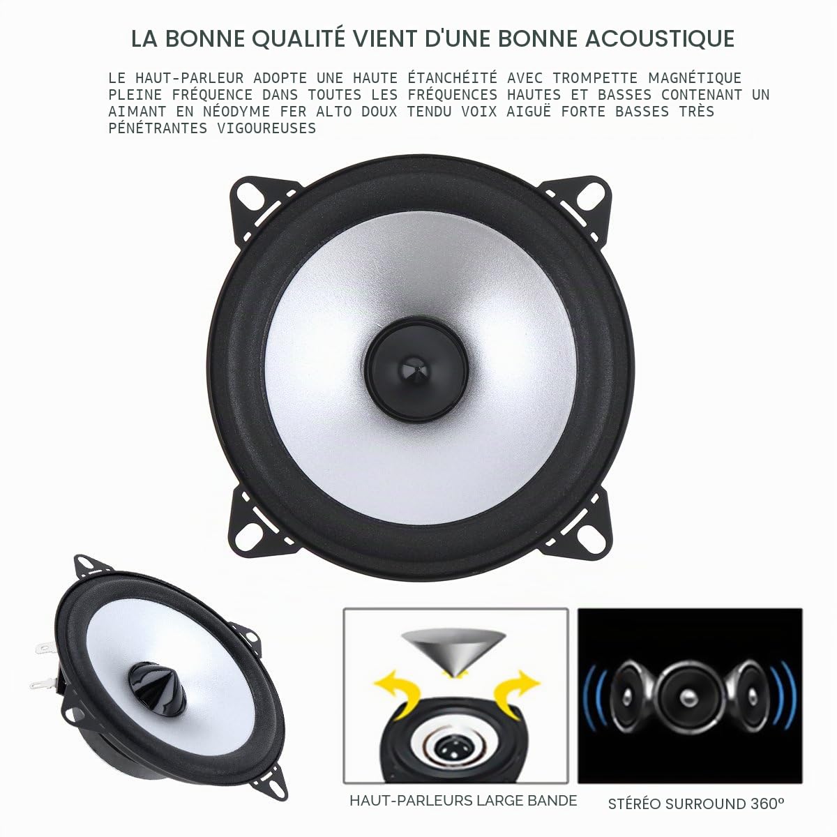 Lot de 2 Haut-parleurs HiFi coaxiaux pour Porte de Voiture 10 cm 60 W