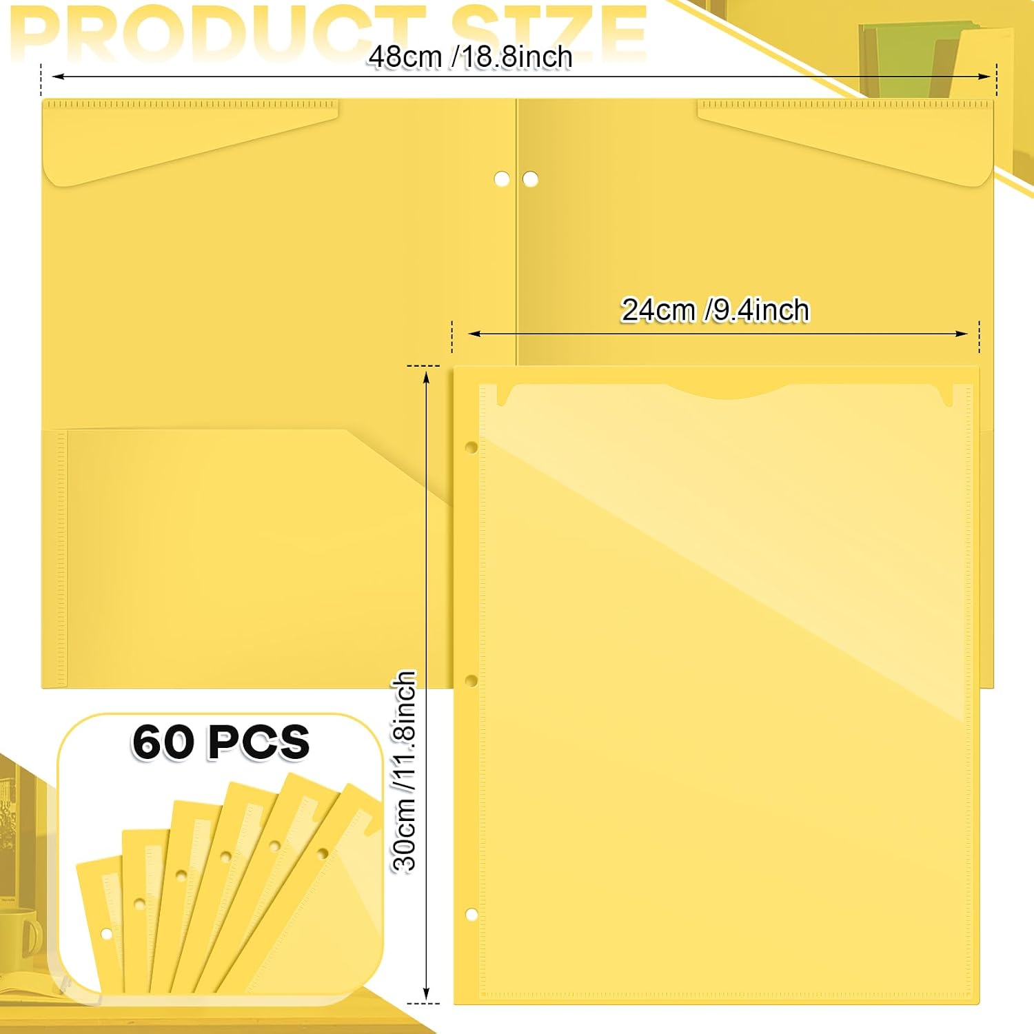 Henoyso 60 Pcs Yellow Plastic Folders with 2 Pockets and Clear Front Pocket 3 Holes for 3-Ring Binder Durable Poly Folder for School, Office & Home Organization