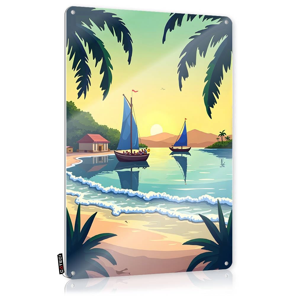 Fzfn Colour Room Door Decor Wall Art Decor | Sunset Serenity: A Tropical Beach Scene With Sailboats Classic Man Cave Decoration(30X40cm)