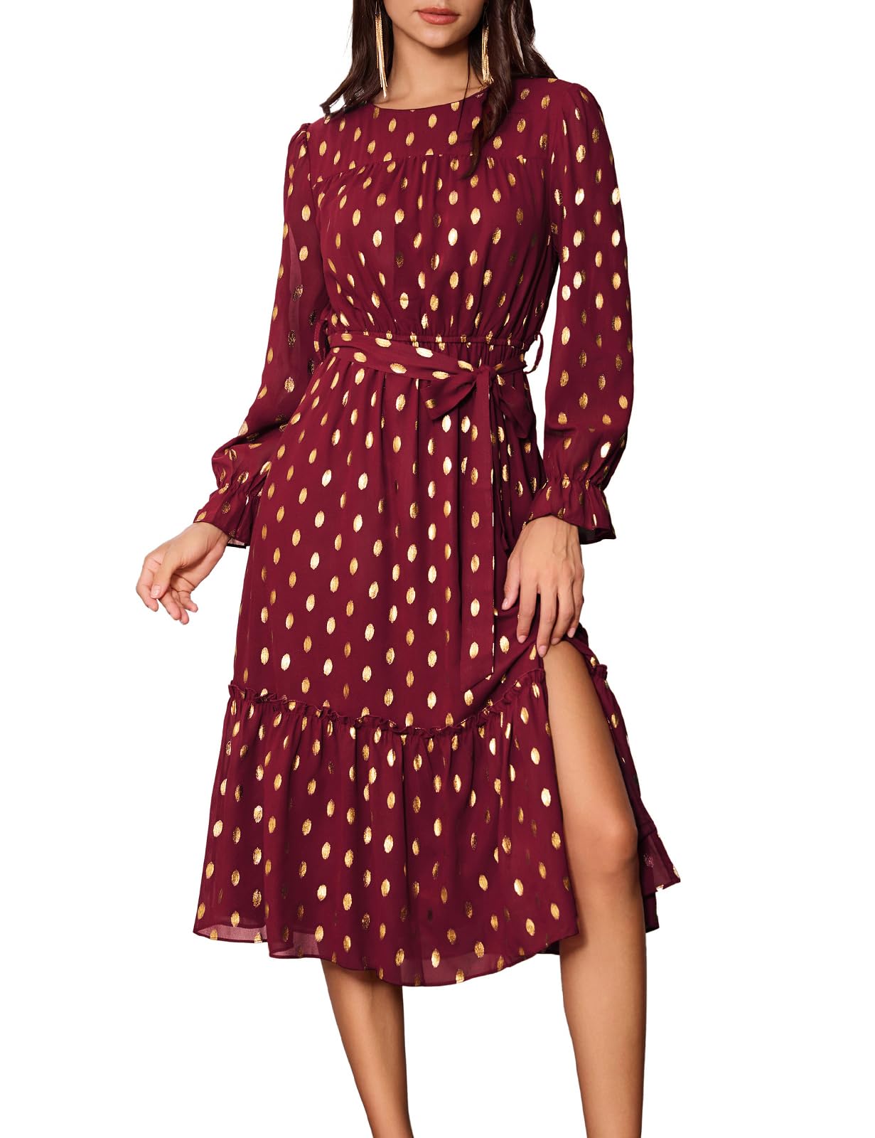 GRACE KARINWomen's Long Sleeve Midi A Line Dress Gold Dot Round Neck Ruffle Tiered Belt Wedding Guest Dress with Slit