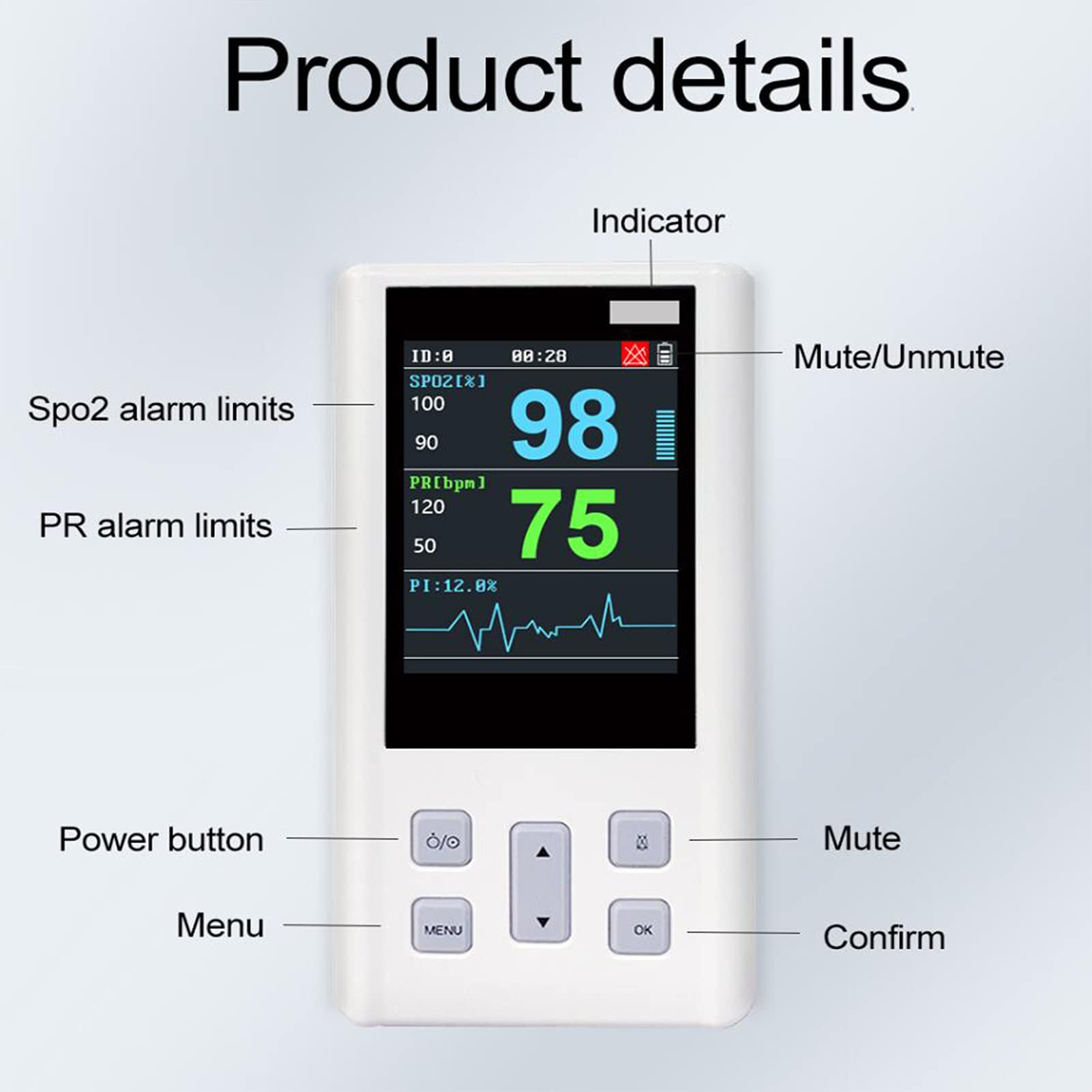 Oxímetro de pulso para la yema del dedo, precisión de medición superior Pantalla LED exquisita Monitores de saturación para la yema del dedo compactos y livianos