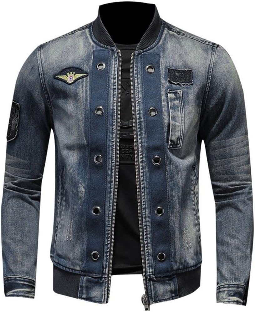 Kinkia Men's Denim Jacket Baseball Collar Zip Up Embroidered Jean Trucker Jackets Coat with Pockets