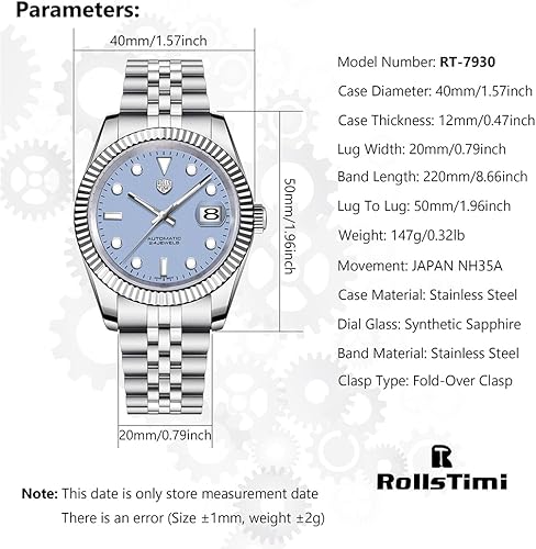 Miniatura 7 de RollsTimi Reloj automático para hombre, movimiento NH35A, caja de acero inoxidable de 1.575 pulgadas (1.575 in), resistente al agua, para hombre,