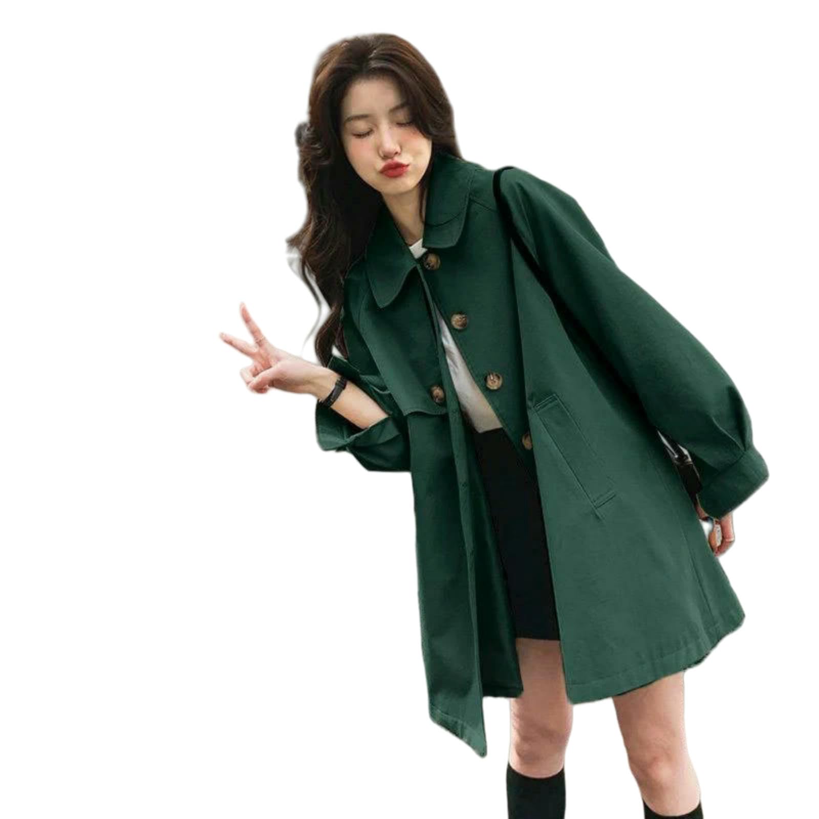 Abbigliamento Donna Trench Women Khaki Casualmente Capo Sciolte Corea Elegante Giacca da Donna Autunnale A metà Lunghezza-Verde-m