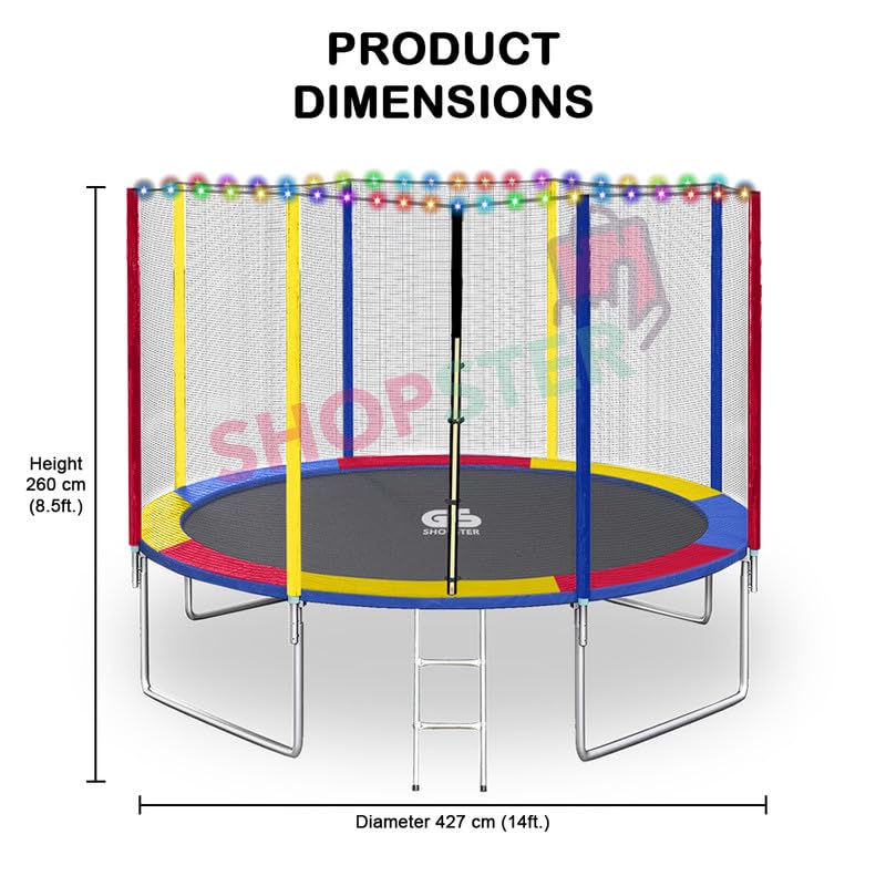 Image of Shopster Festive Edition 14 feet Heavy-Duty Jumping Trampoline for Adults & Kids with Safety Net, Remote-Control Waterproof LED Lights - Perfect for Indoor & Outdoor, Bouncer, Supports Upto 250kg