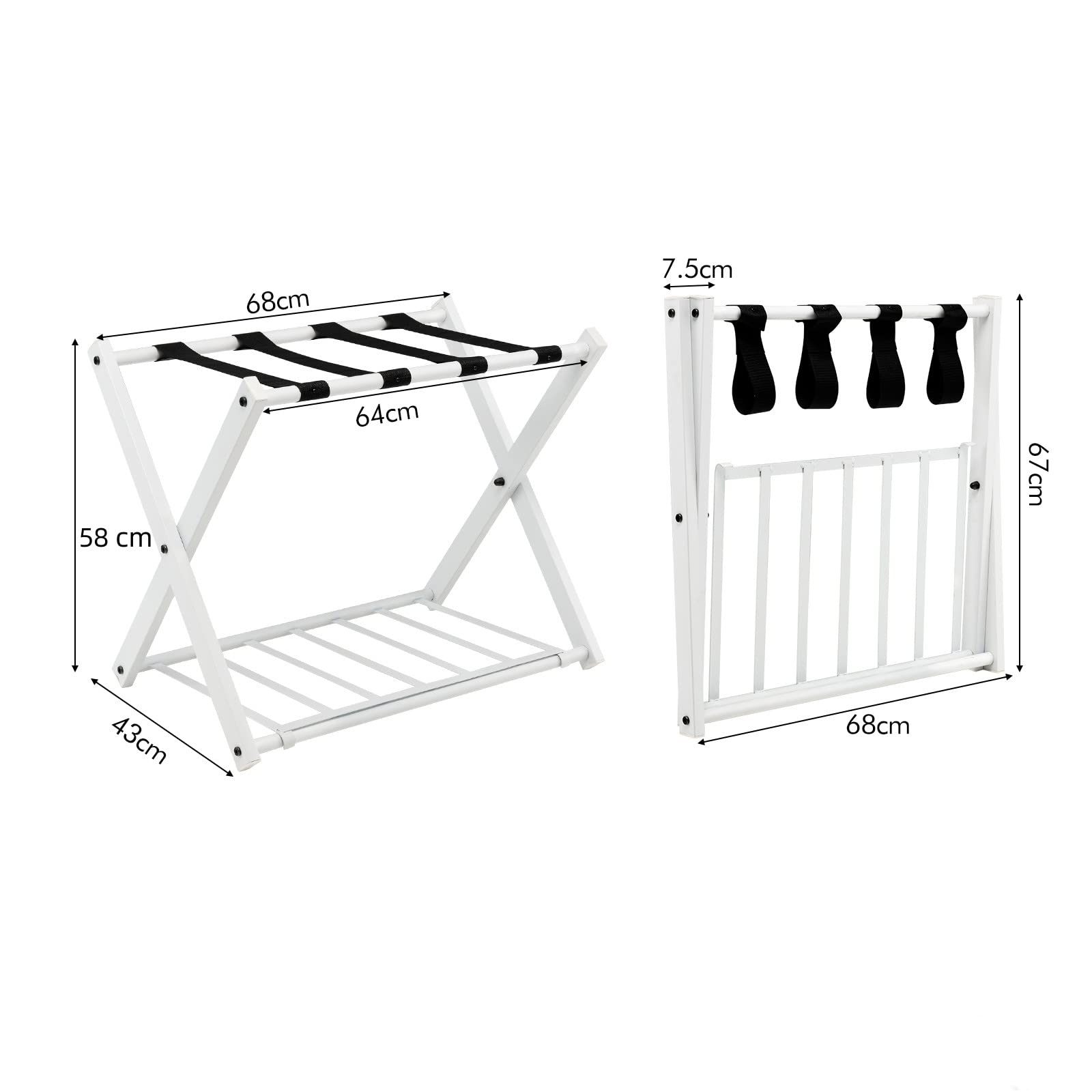 GYMAX Estante Plegable para Maletero, Portaequipajes Doble Capa, con 4 Correas Estables y Diseño de 2 Pisos, Estante de Equipaje Soporta hasta 60 kg, para Habitación de Huéspedes y Hotel (Blanco, 2)