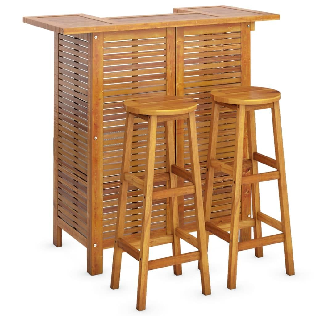 IKAYAA Juego de Bar de Madera para Exteriores, Mesas Altas y 2 Taburetes, Muebles de Bar Jardín Exterior, Juego de Mesa Alta de Bar y Taburetes Maciza de Acacia