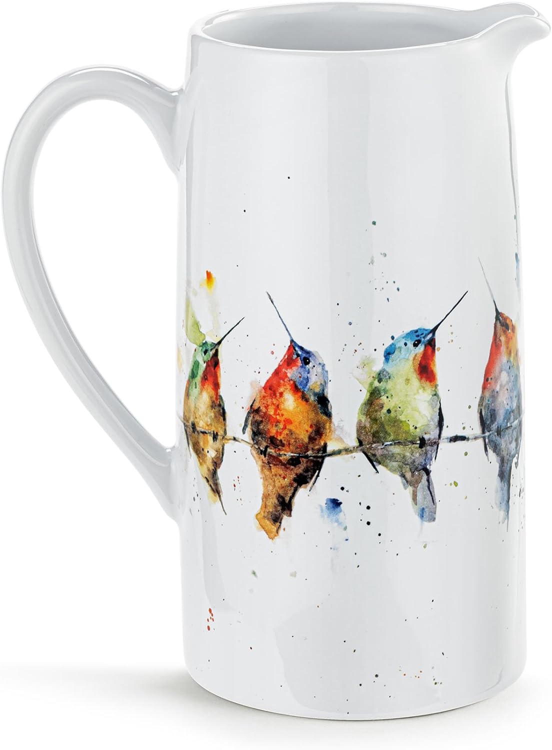DEMDACO Dean Crouser Vibrant Watercolor Style Hummingbirds On A Wire Multicolor 50 Ounce Ceramic Stoneware Water Pitcher Carafe Decanter Serveware Container, Flower Vase, Centerpiece Décor