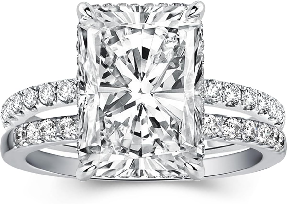 Effinny 4.0ct Radiant Cut Engagement Ring Set,Rectangle Crushed Ice D Color 14K Gold Plated 925 Sterling Silver Bridal Ring Set with Half Eternity Wedding Band