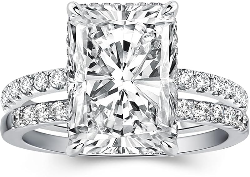 Effinny 4.0ct Radiant Cut Engagement Ring Set,Rectangle Crushed Ice D Color 14K Gold Plated 925 Sterling Silver Bridal Ring Set with Half Eternity Wedding Band