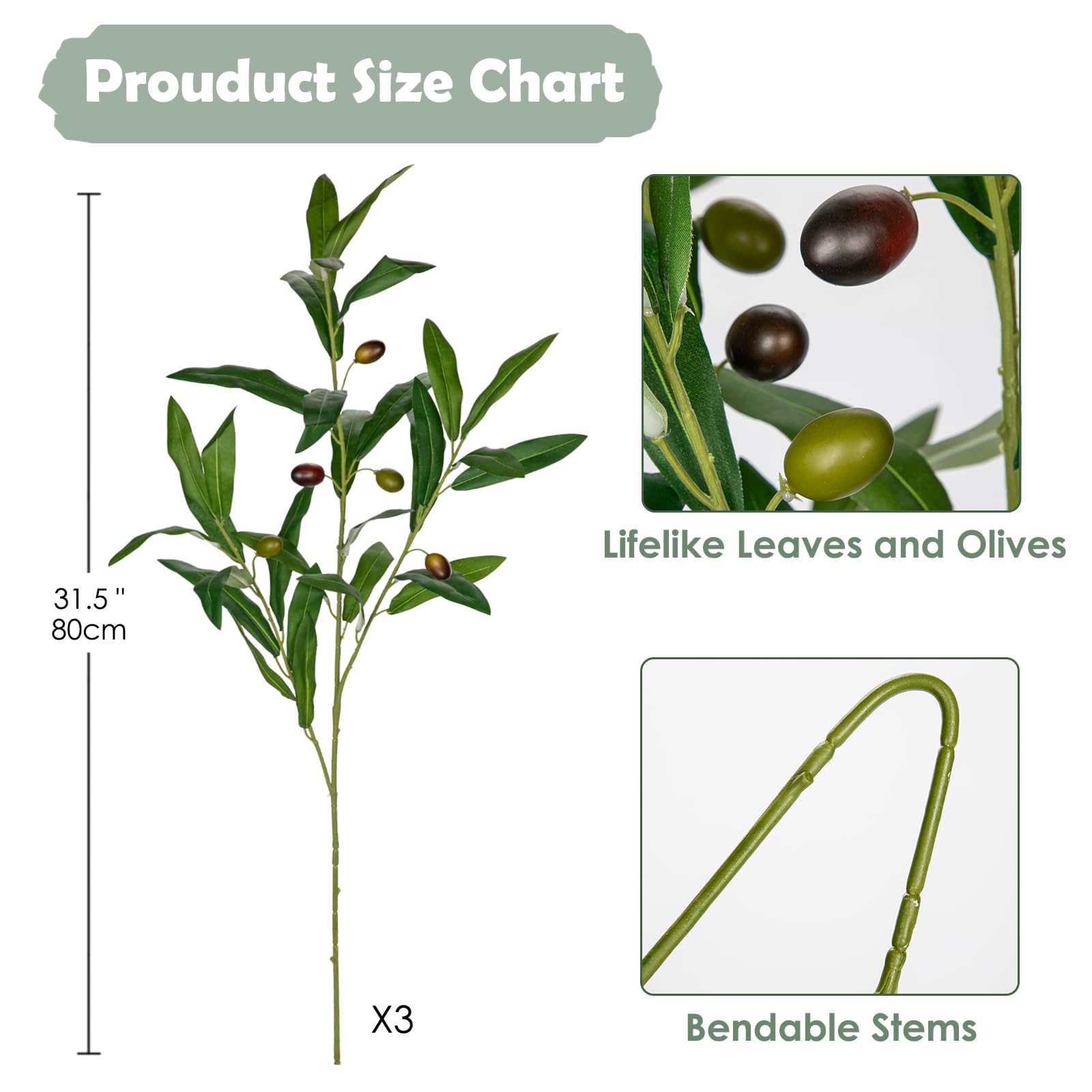 Oairse 3pcs Artificial Olive Branch with Long Stem 80cm Fake Olive Branches Stems with Fruit Faux Greenery Olive Leaves for Floral Arrangement for Vase Home Office Farmhouse Wedding Decoration - Image 2