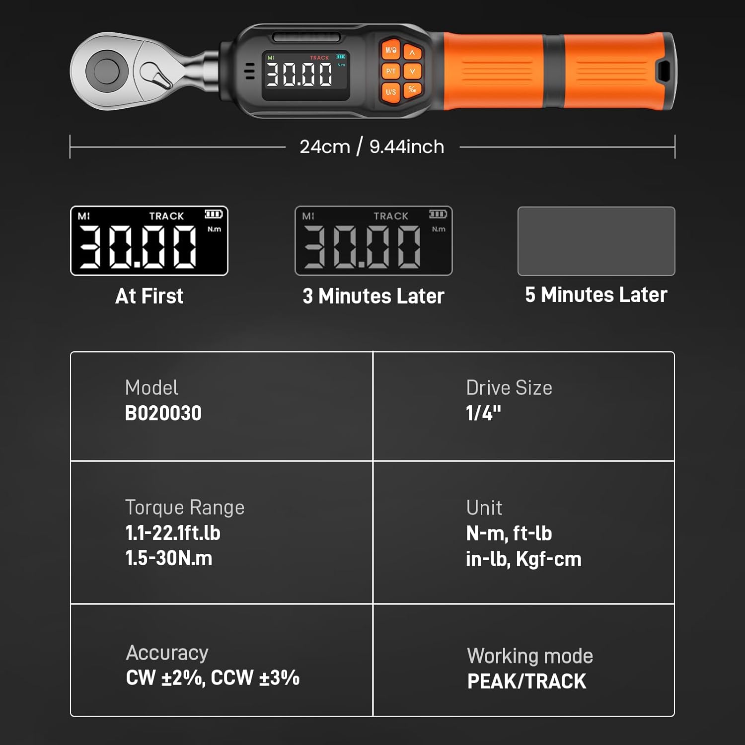 Digital Torque Wrench Set, 1.1-22.1 Ft.lb/1.5-30 Nm, 1/4" Drive Inch Pound Bike Torque Wrench Electronic with Buzzer & LCD Indicator for Bicycle E-bike Motorcycle