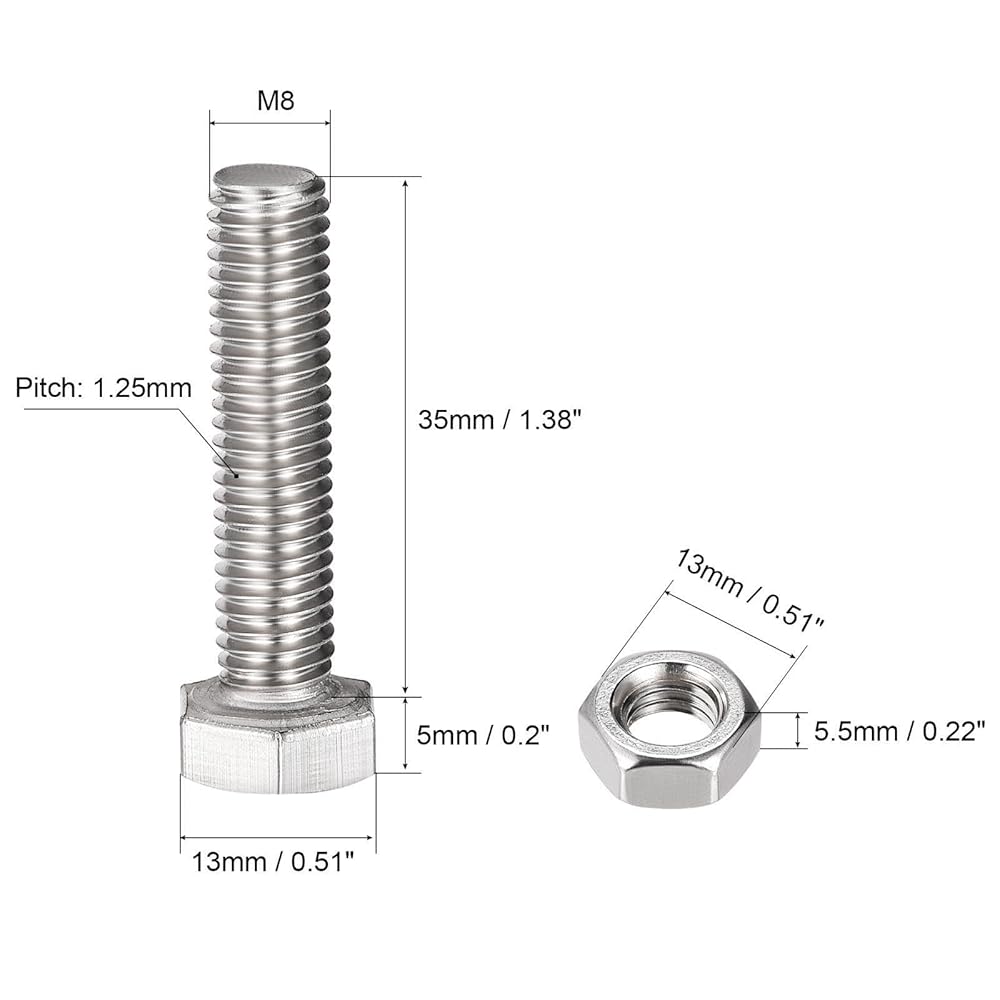 M8 X 35mm Hex Head Screws Bolts with Nuts & Washers Kit - 6 Sets for Tool Parts & Accessories view 2