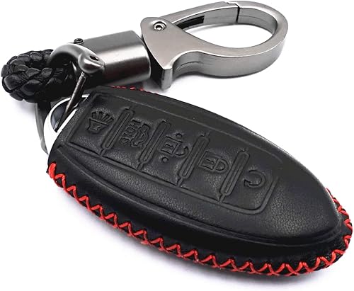 MJKEYAuto Funda de cuero negro con 5 botones para llavero remoto inteligente INFINITI JX35 Q50 Q60 QX56 QX60 QX80 para NISSAN ALTIMA ARMADA MAXIMA