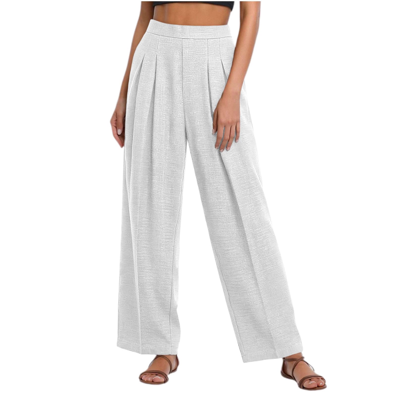 Wide Leg Trousers Women Cotton Linen Pleated Pants High Waisted Loose Fit Work Casual Summer Travel Clothes Daily