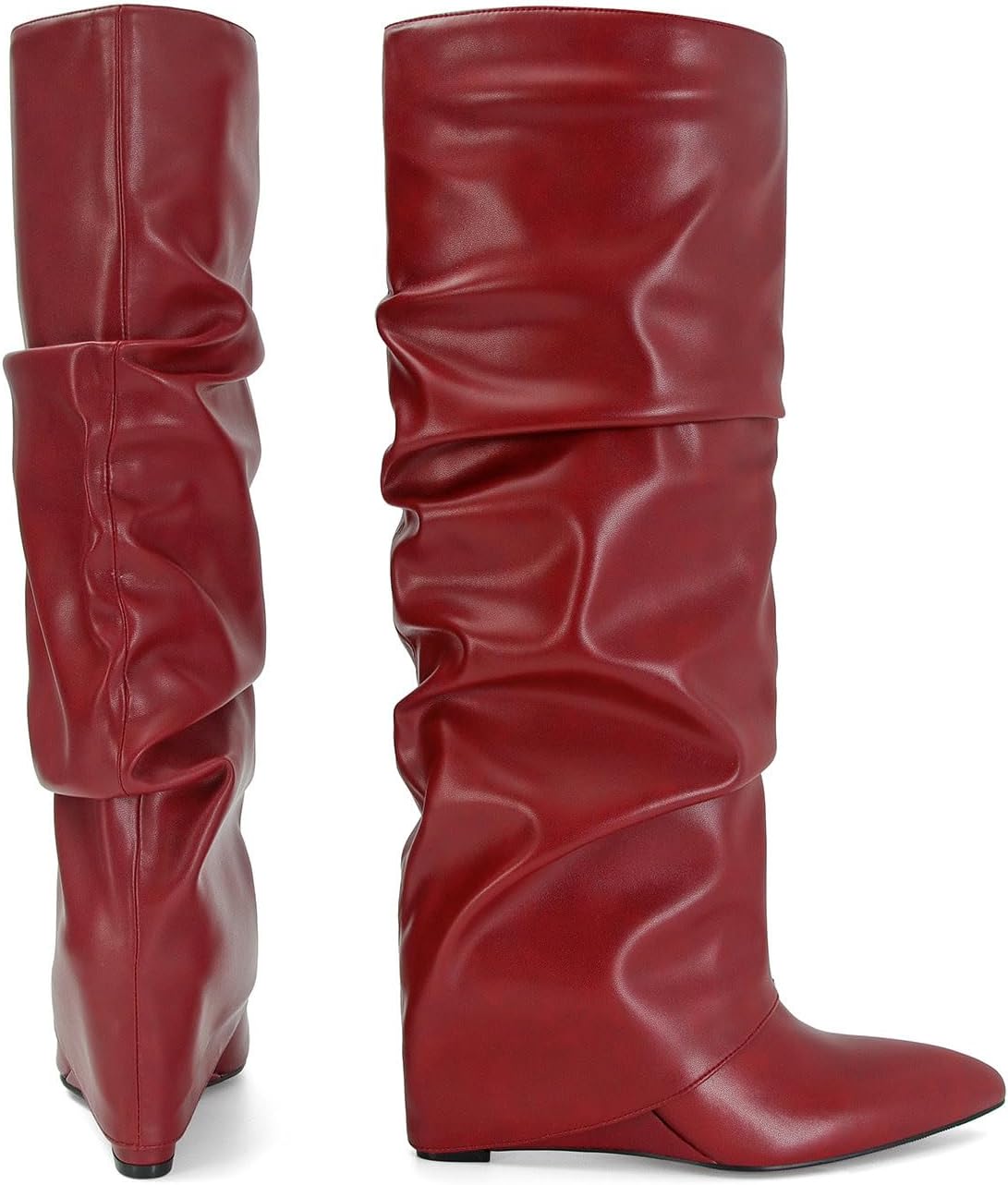 MICIFA Women's Fold Over Boots Slouch Knee High Boots for Women Wedge Heel Pull-on Pointed Toe Wide Calf Tall Shoes Black - Image 3