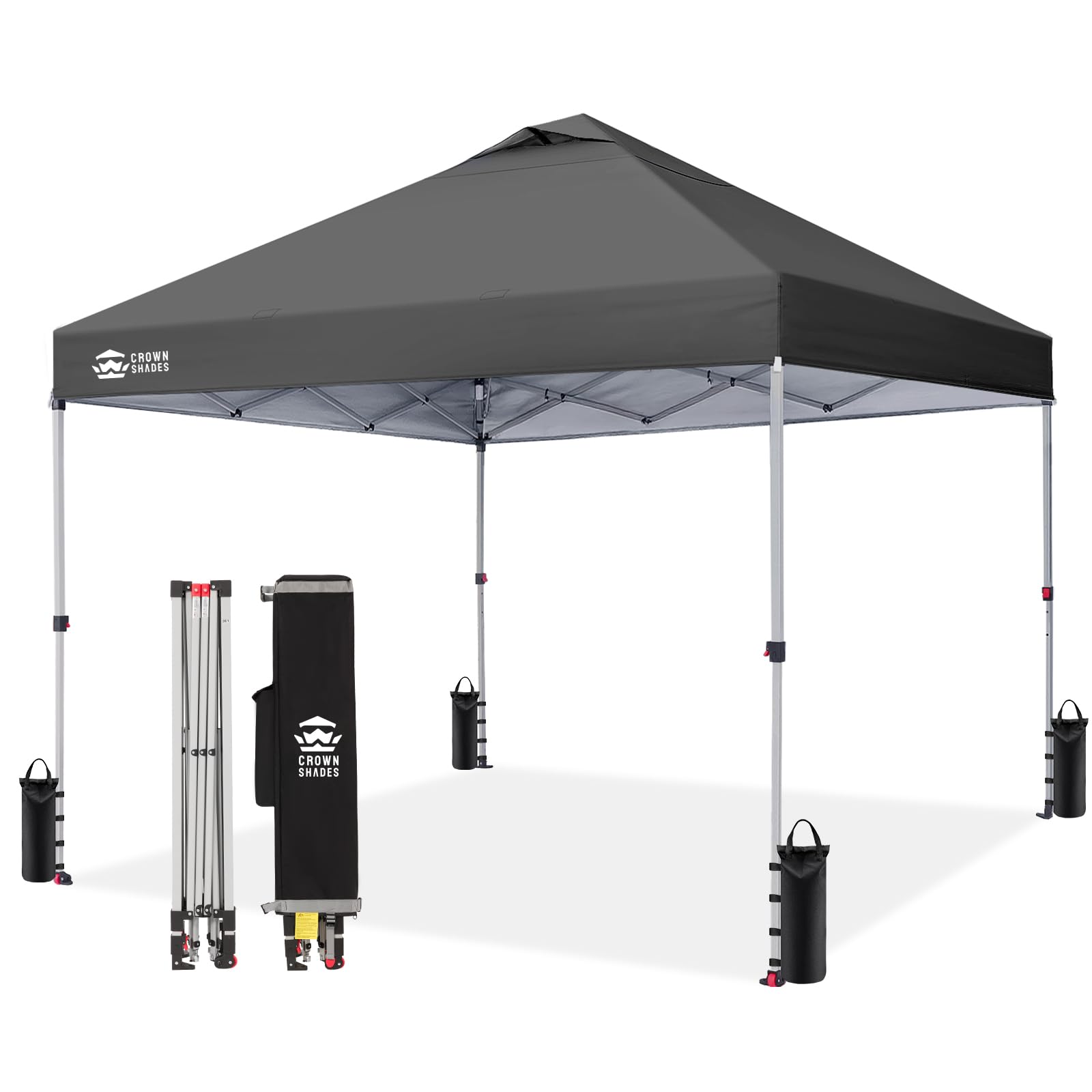 CROWN SHADES 10x10 Pop Up Canopy - Beach Tent with One Push Setup - Easy Outdoor Sun Shade Shelter for Events, Parties - Gazebo with STO-N-Go Cover Bag, Silver Coated Top,Light Gray