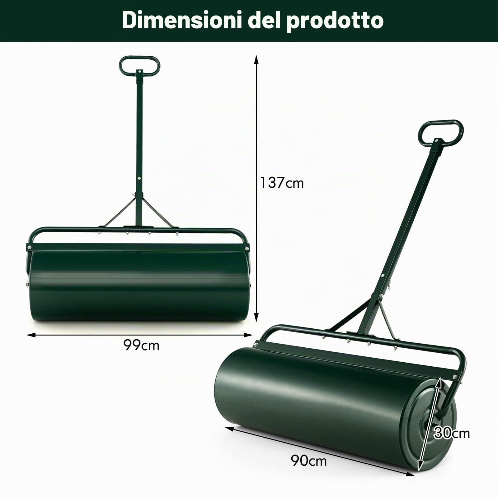 FANTASK Rullo per prato in metallo, Ø 30 cm, rullo manuale con manico 63 l, rullo per carichi pesanti, riempito con acqua e sabbia, rullo da giardino, rullo per prato