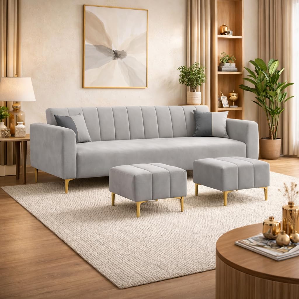 Habibi Rich Velvet Suede 3 Seater Sofa Set with 2 Ottomans | Spacious Soft Touch Comfort Seating | Modern Sofa for Living Room (Light Gray)-image-31