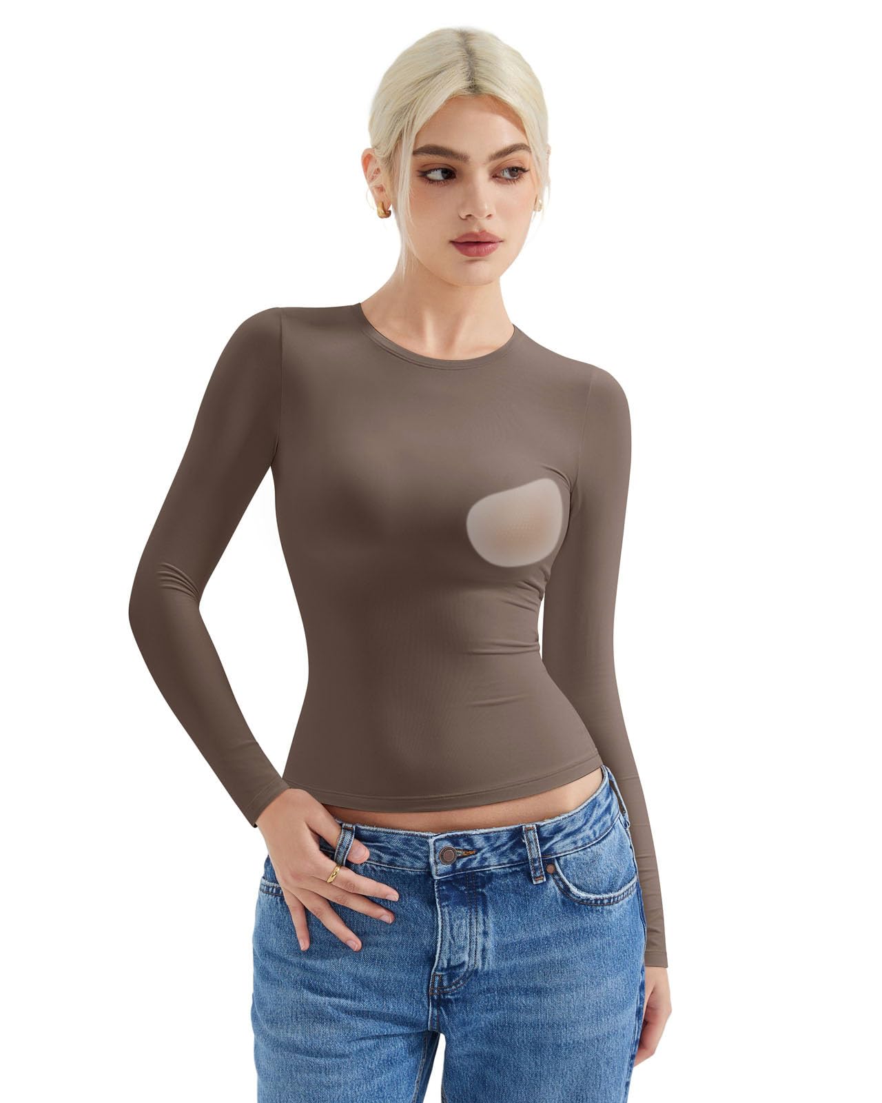 Women Double Lined Fitted Basic T Shirts Crew Neck Long Sleeve Crop Top-image-11