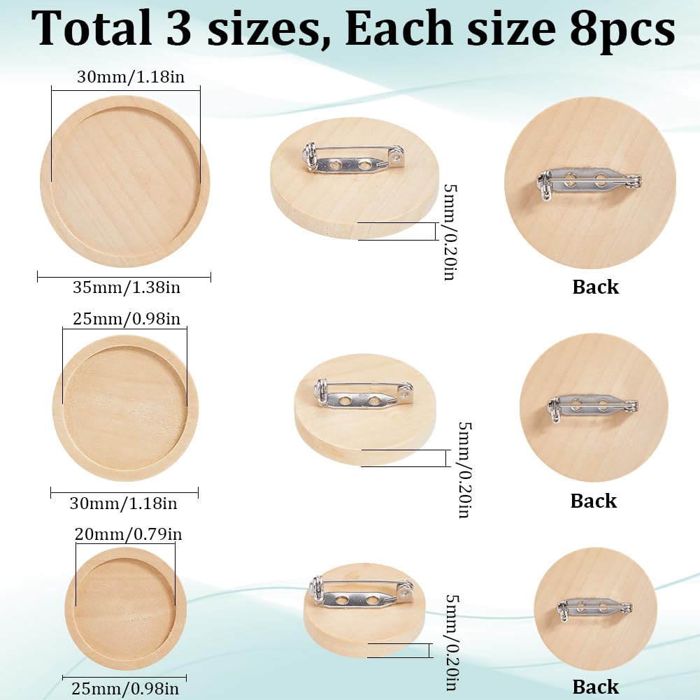 SUNNYCLUE 24Pcs 3 Sizes Pin Brooch Cabochon Wooden Cabochon Blanks Bulk Natural Wood Basic Flat Round Frame Tray Lapel Brooches Settings with Stainless Steel Safety Pins for Jewelry Making DIY Crafts