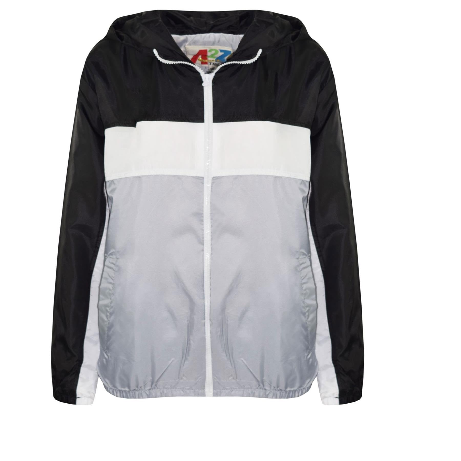 Kids Boys Girls Windbreaker Contrast Block Hooded Jackets Rain Mac Raincoat 5-13 Black