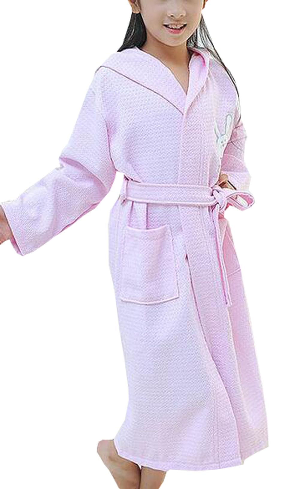 Suplove Children's solid color bathrobe cotton waffle swimming bathrobe cartoon hooded pajamas (US, Alpha, One Size, Regular, 10A, Pink)