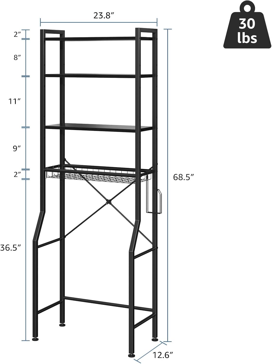 DUMOS Over-The-Toilet Storage Rack, 4-Tier Durable Over Toilet Bathroom Organizer Shelf with Paper Holder & 3 Hooks & Basket, Adjustable Storage Cabinet for Room, Black