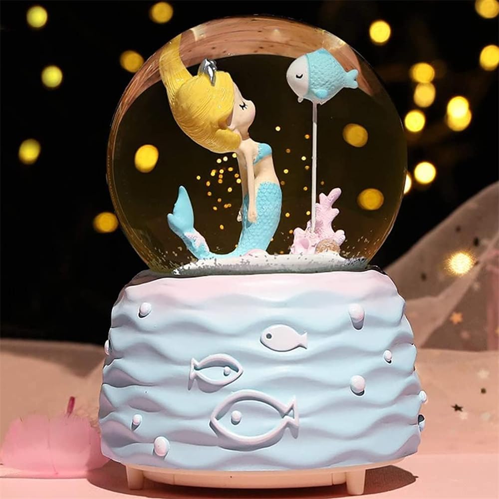 YARDHOBI Snow Globes, Blue Mermaid Music Snowglobes with LED Lights, Automatic Snow Fall Effect, Sparkling Glitter Ornament, Home Decor for Kids Room Essentials, Birthday Gift for 5-12 Year Old Girls