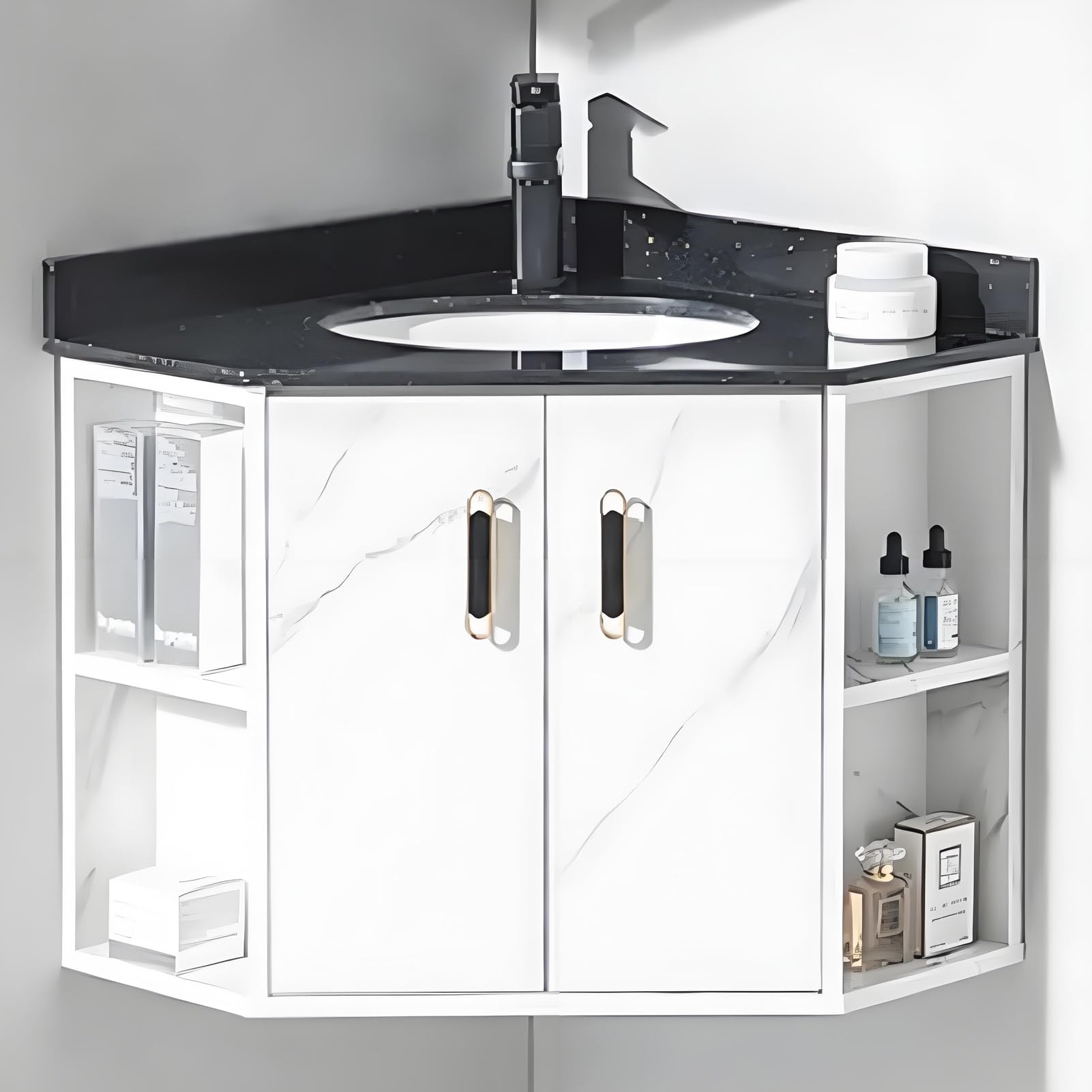 Wall Mounted Ceramic Corner Washbasin, Hanging Cabinet for Small Spaces, Black Slate Countertop Basin, Compact Solution for Corner Bathroom