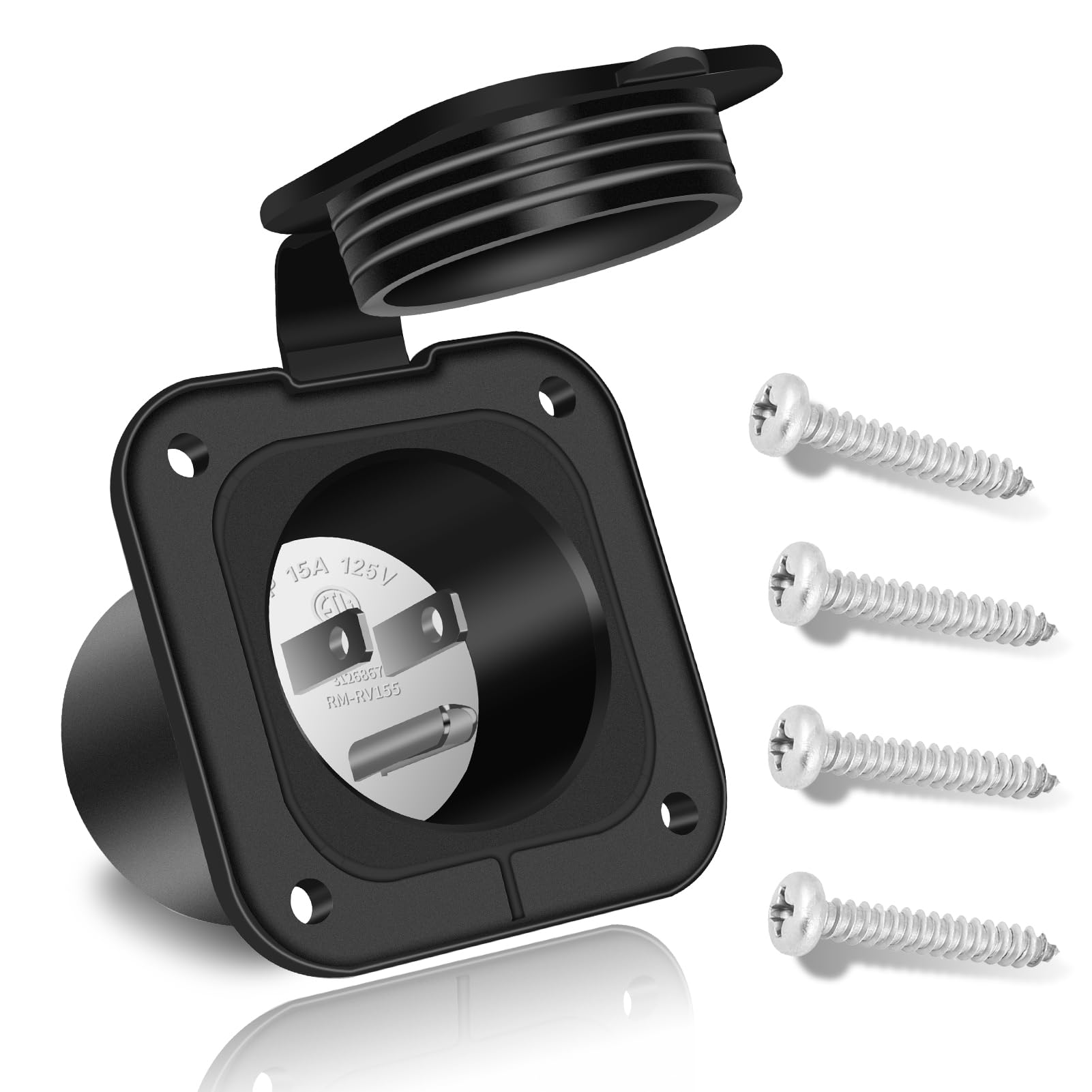 15 Amp Power Inlet NEMA 5-15P RV Shore Power Inlet 125V AC Flanged Inlet Receptacle Port Plug with Waterproof Cover ETL Certified for RV Camper Cars Trailers Sheds