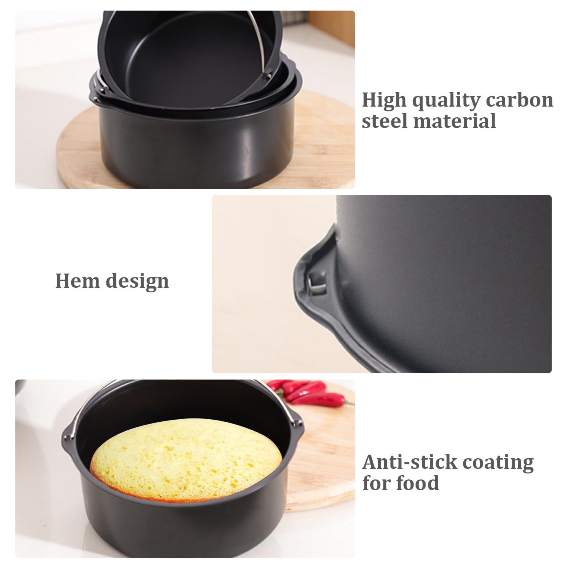 Freidora de aire para tartas de 8 pulgadas, sartén de acero al carbono, antiadherente, sartén para hornear con asa, resistente al calor, accesorios multifuncionales para freidora de aire, sartenes 3