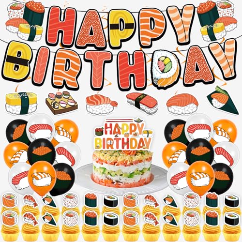 Image of Sushi Birthday Decoration Set, Cute Food Happy Birthday Banner, Party Supplies with Banner, Hanging Swirl, Balloon, Cake Topper, Cupcake Topper