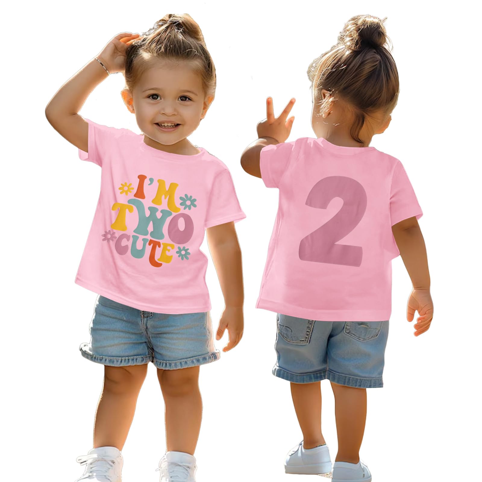 Camiseta de 2º cumpleaños para niña "I'm Two Cute", camiseta de impresora de segundo cumpleaños, camisetas de fiesta de cumpleaños, ropa de verano, manga corta, camiseta de cuello redondo suave