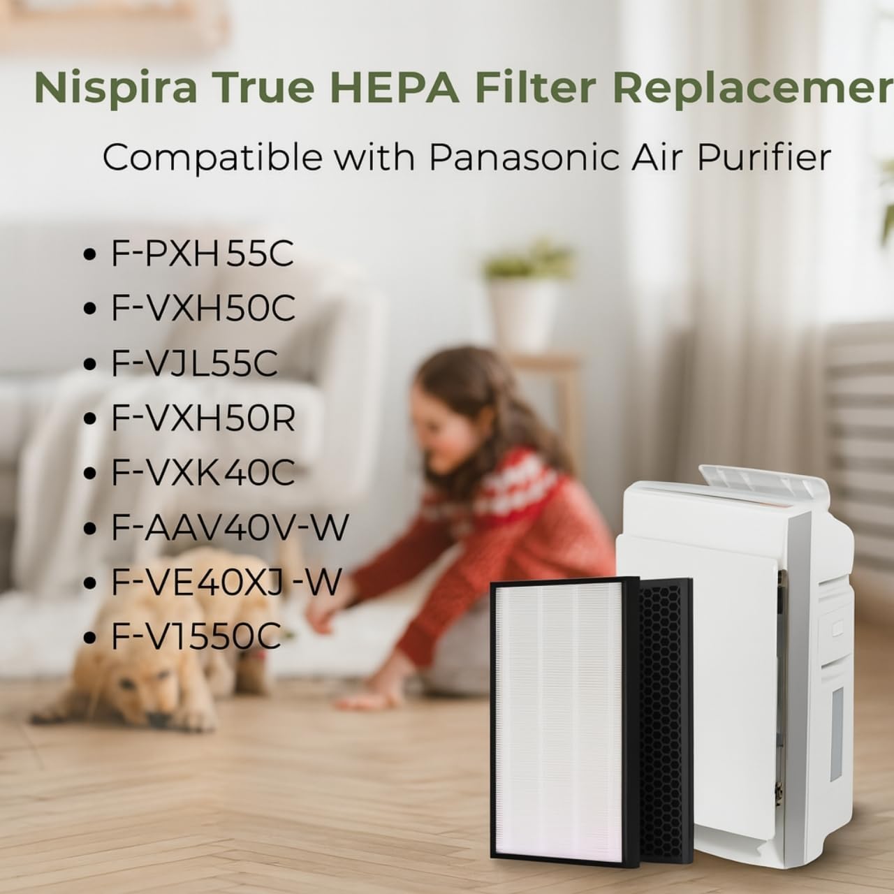 Nispira Replacement HEPA Carbon Filter Set Compatible with Panasonic Air Purifier Models F-ZXHP55Z, F-ZXHD55Z, F-PXH55A, F-VXH50A, F-PXM55A, F-PXH55C, True HEPA + Activated Carbon, 1 Set