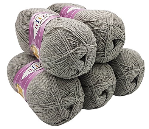 Alize Cotton Gold 5 x 100 g de lana de punto 55% algodón, 500 g de lana lisa (gris 21)