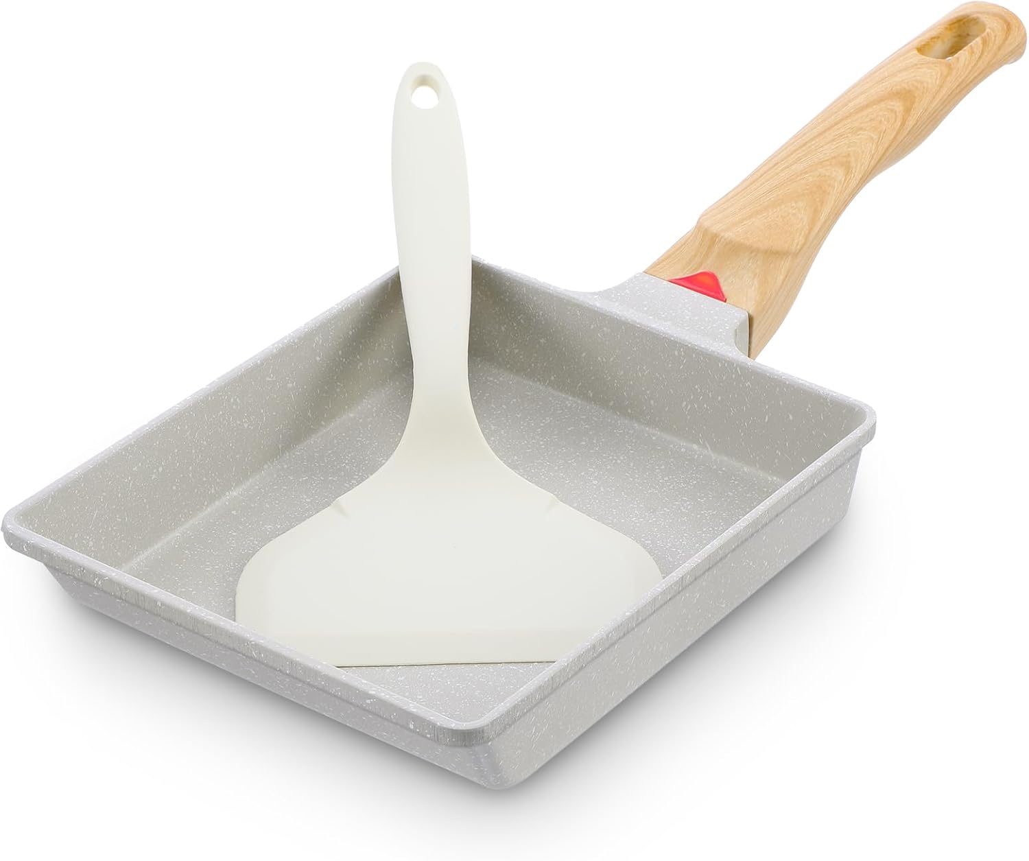 Japanese Omelette Pan, Tamagoyaki Egg Pan, Nonstick Frying Pan with Spatula, Healthy Granite Cookware, PFOS & PFOA Free, 6" x 7" (White)