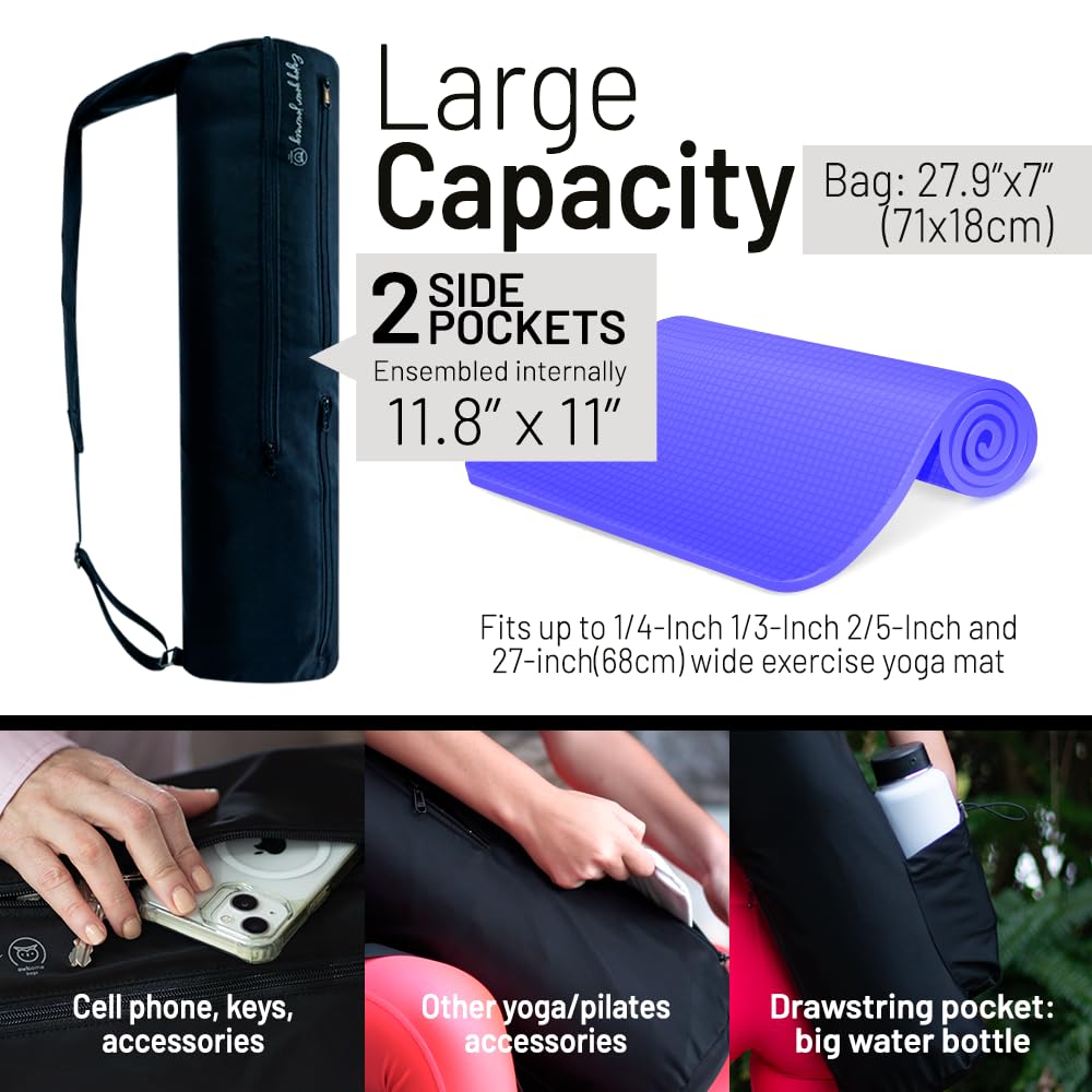 Owlsome Bags Yoga mat bag. Fits large mats. Adjustable shoulder strap, multi-functional zippered pockets, and large drawstring water bottle holder.Lightweight. Convenient adjustable shoulder strap.