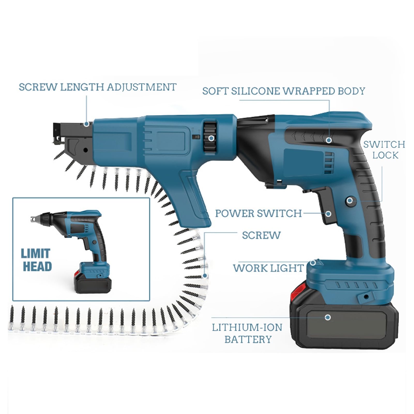 Tornillo Inalámbrico Paneles Yeso Pistola sin Escobillas, Autoalimentable Destornillador, Alimentación Automática Paneles Yeso Destornillador Tornillo Cadena Juego Pistola