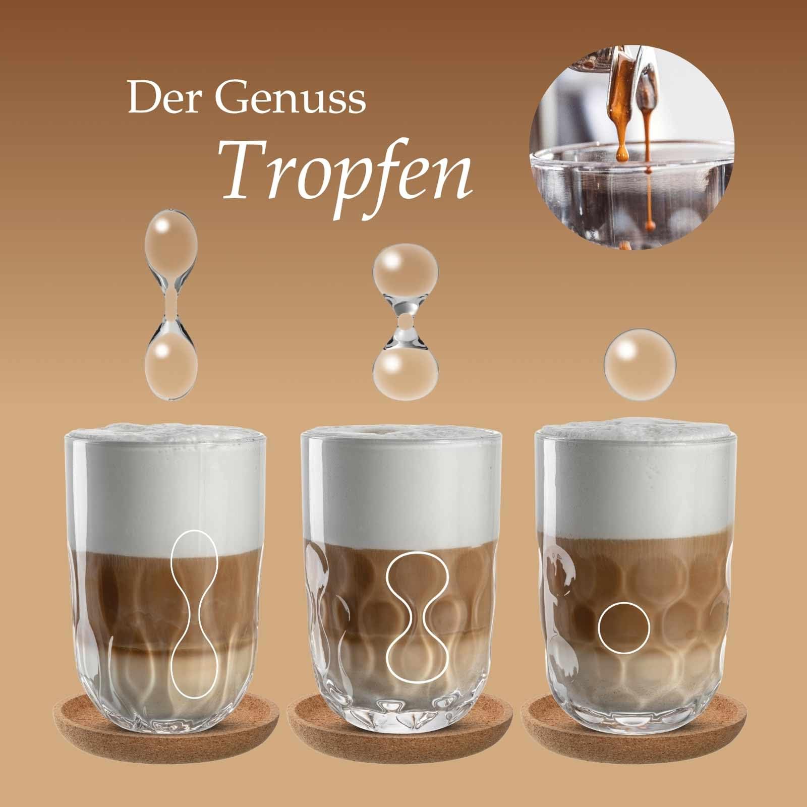 LEONARDO HOME GOCCE Latte Macchiato-Set 12-teilig, 220 ml, 6 Korkuntersetzer & 6 Latte Macchiato-Gläser für Siebträger, Spülmaschinengeeignet, Mit Tropfenstruktur, Transparent