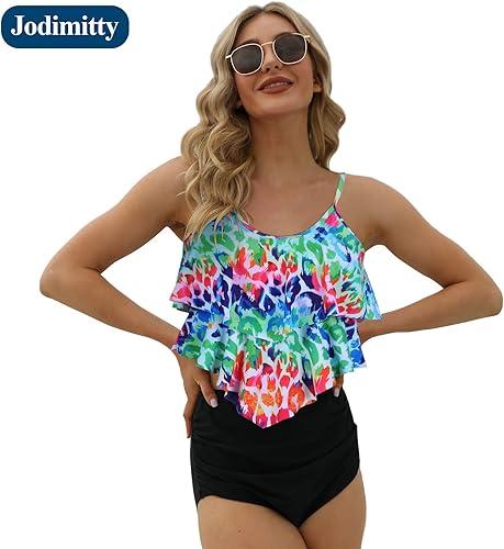 Miniatura 6 de Jodimitty Trajes de baño para mujer, tankini para traje de baño de cintura alta con abertura (puntos multicolor + negro, talla M), Manchas