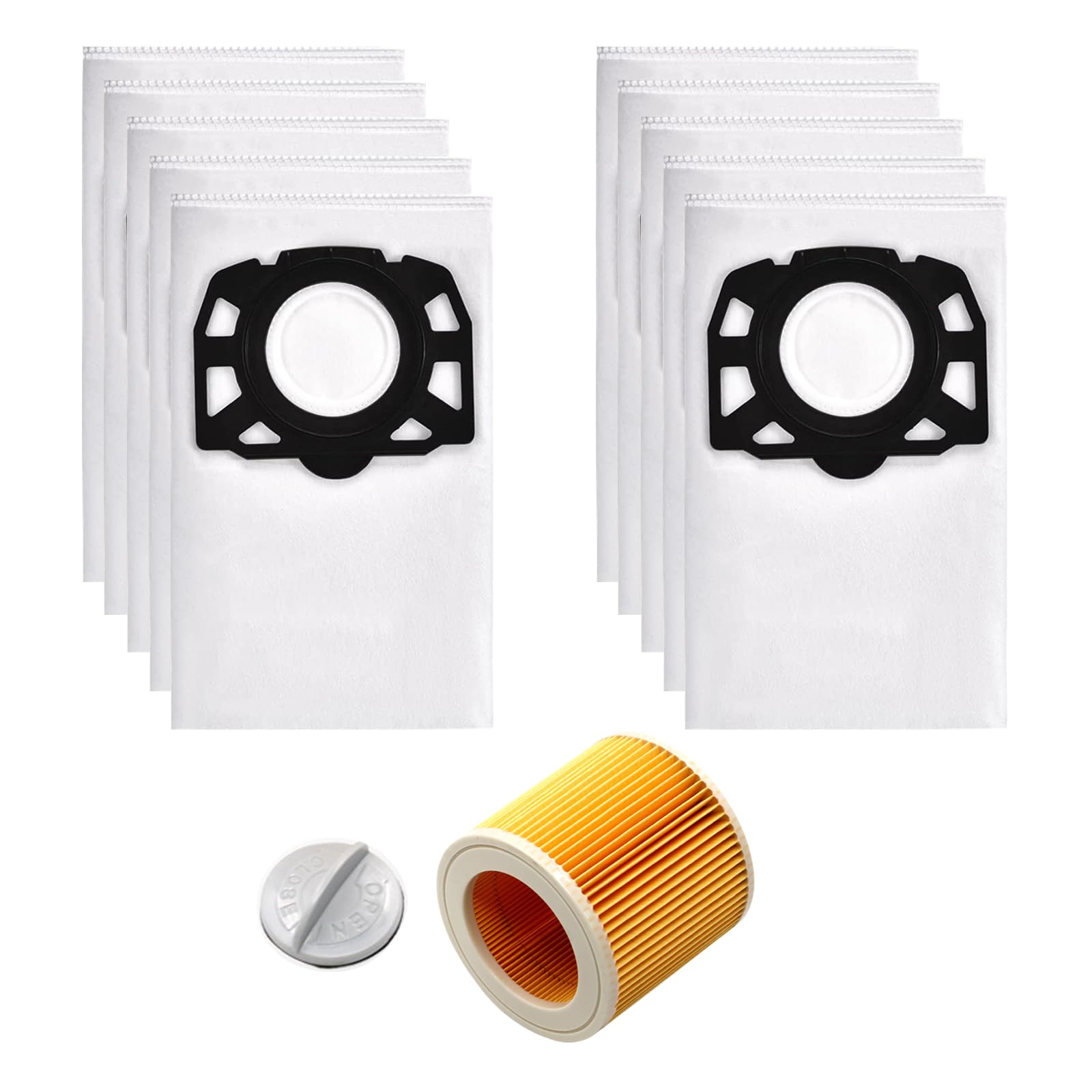 Staubbeutelfilter-Zubehör-Set für Kärcher Staubsauger, WD2 Plus WD3 WD3P MV3 WD 3 Akku WD 3 Premium KWD1 KWD2 KWD3 Nass- und Trockensauger Ersatzteile (10 Staubbeutel + 1 HEPA-Filter)
